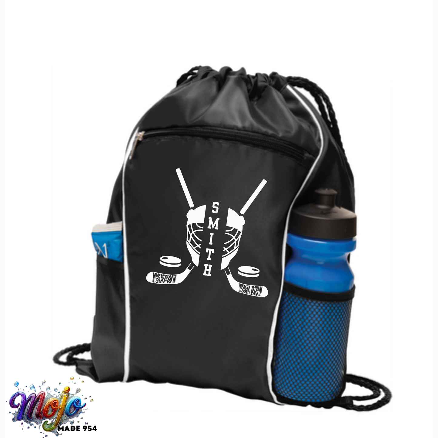 Personalized Hockey Drawstring Cinch Bag with Side Pockets, Custom Sports Backpack, Gifts for Hockey Players, Sports Bag, Team Gifts