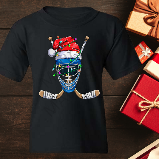 Christmas Hockey T-Shirt with Santa Hat and Sports Equipment - Sporty Xmas Holiday Season Shirt - Ice Hockey Players and Fans