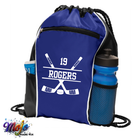 Personalized Hockey Drawstring Cinch Bag with Side Pockets, Custom Sports Backpack, Gifts for Hockey Players, Sports Bag, Team Gifts