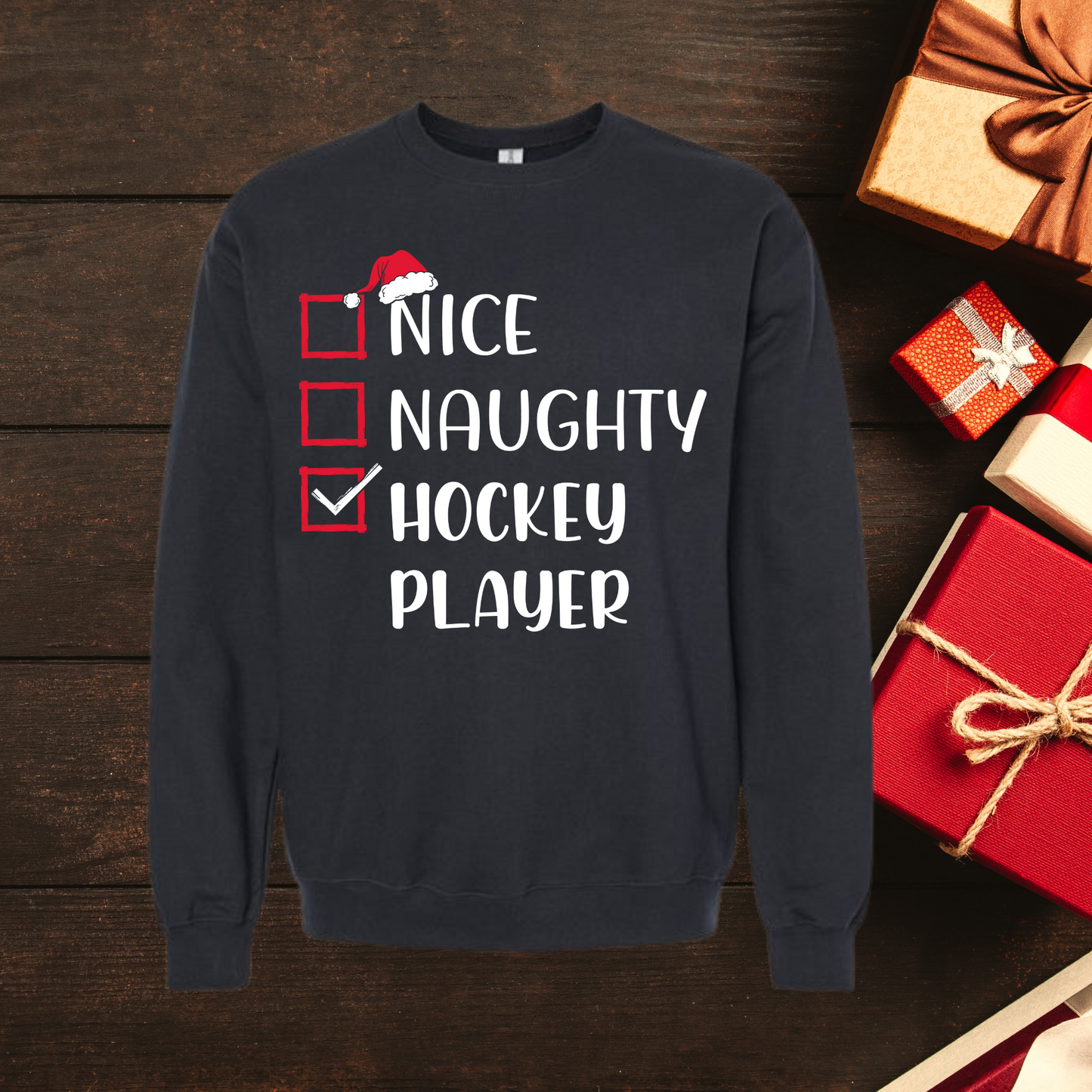 Naughty Nice HOCKEY PLAYER Ice Hockey CHRISTMAS Holiday Shirt Santa Youth & Adult