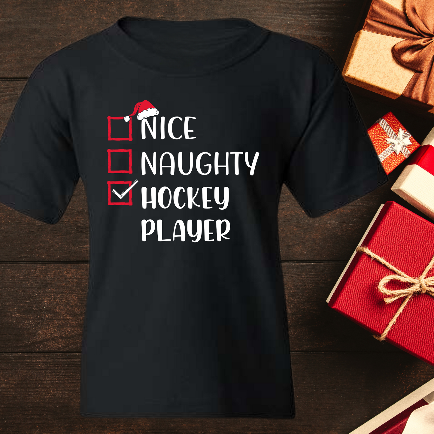 Naughty Nice HOCKEY PLAYER Ice Hockey CHRISTMAS Holiday Shirt Santa Youth & Adult